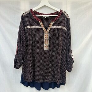 B Skies are Blue Red Blue Peasant Blouse Plus-size 2X Embroidered Accents Rayon